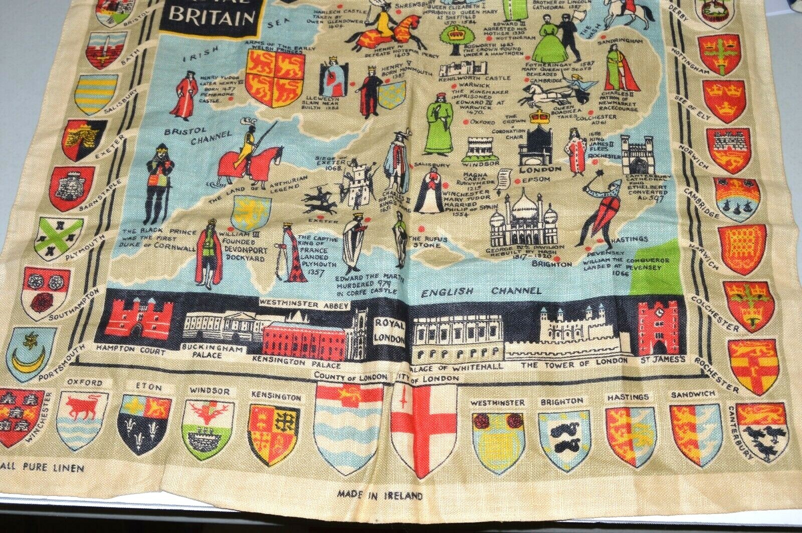 Map of Royal Britain Linen VTG 21x30 Tea Towel Kitchen Wall Hanging Made Ireland