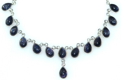 Shiny Blue Sunstone Sterling Silver Necklace 925 Chain Navy Sandstone Jewellery