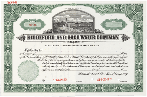 Biddeford and Saco Water Company. Stock Certificate.