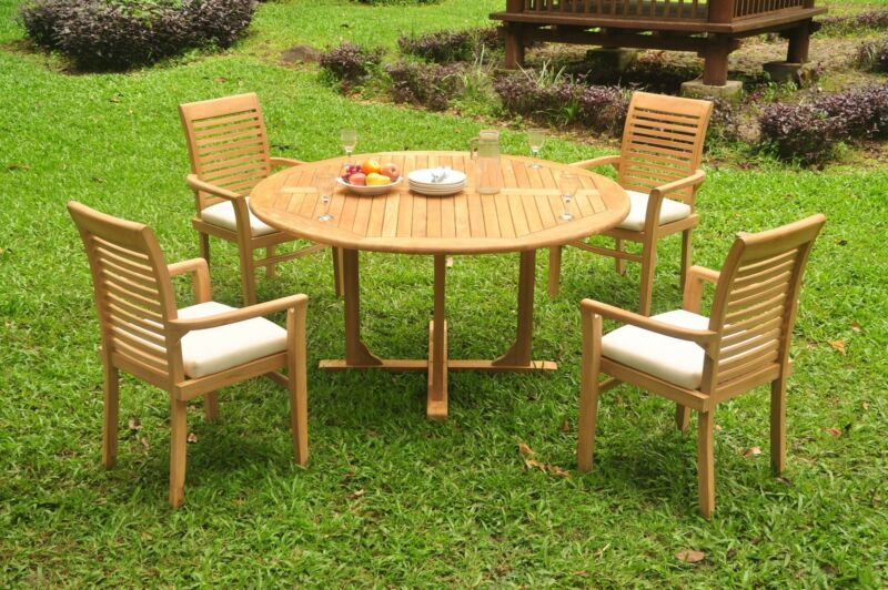 Dsms A-grade Teak 5pc Dining Set 60" Round Table 4 Stacking Arm Chair Outdoor