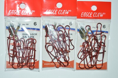 3 packs eagle claw dual lock snap red  size 6  68lb test 10 pr pack 1.5'' long