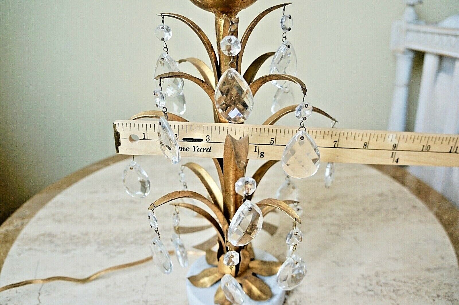 Vtg Italian Gold Leaf Gilt Tole Table Lamp Crystal Prism Metal Marble Base ITALY