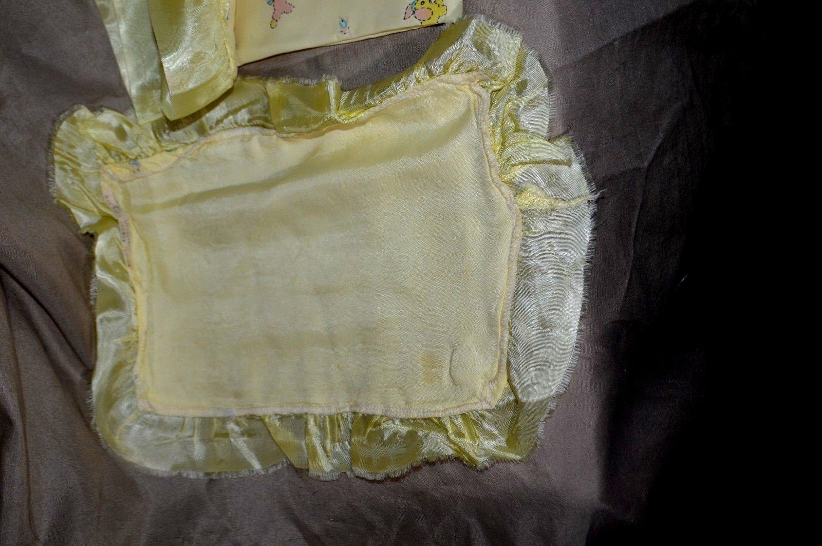 Vintage Yellow Ruffled Satin Coverlet With Pillowcase Elephants Dogs Ducks Teddy