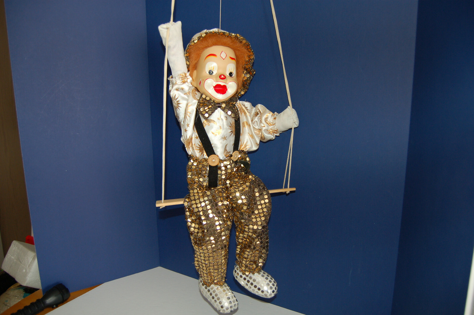 Vintage Clown on a swing circus marionette puppet with porcelain head