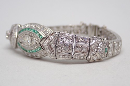 Art Deco Filigree Platinum 4ctw Old European Diamond & Emerald Bracelet 6 3/4