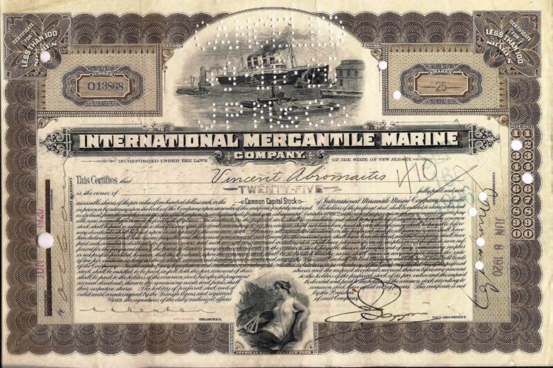 International Mercantile Marine stock certificate 1920s. JP Morgan by clerk 