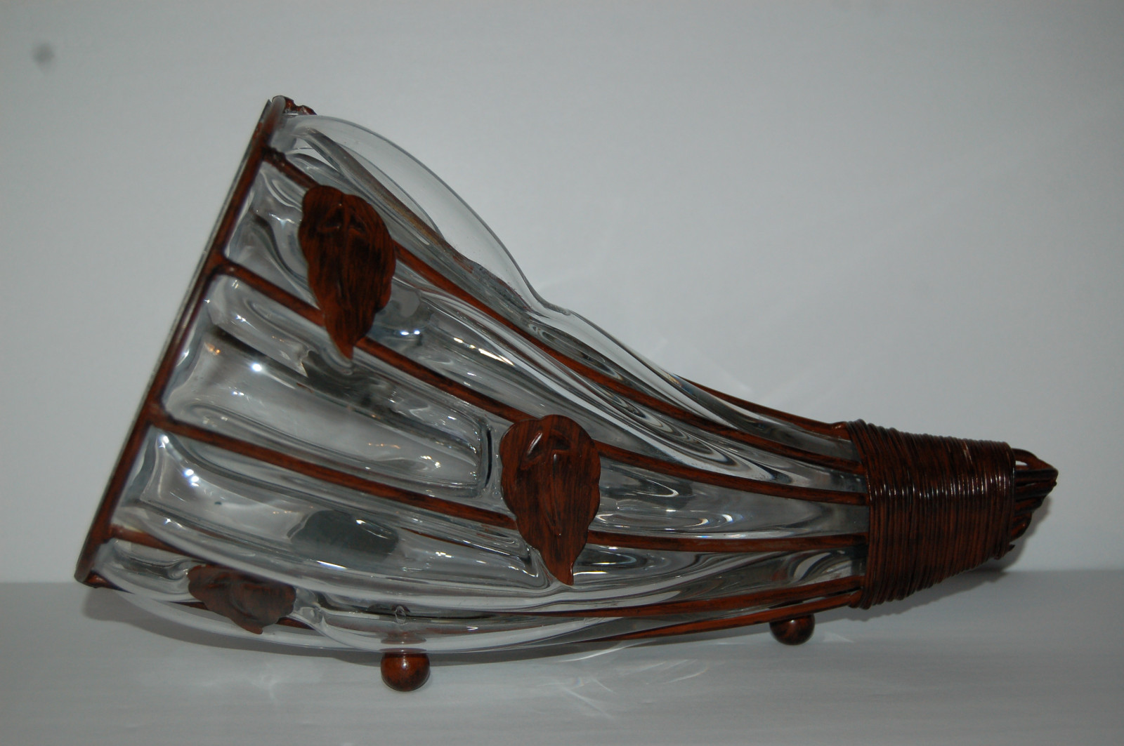 Horn of plenty or conaucopia, Glass with metal frame and leaves, 3 metal feet, c