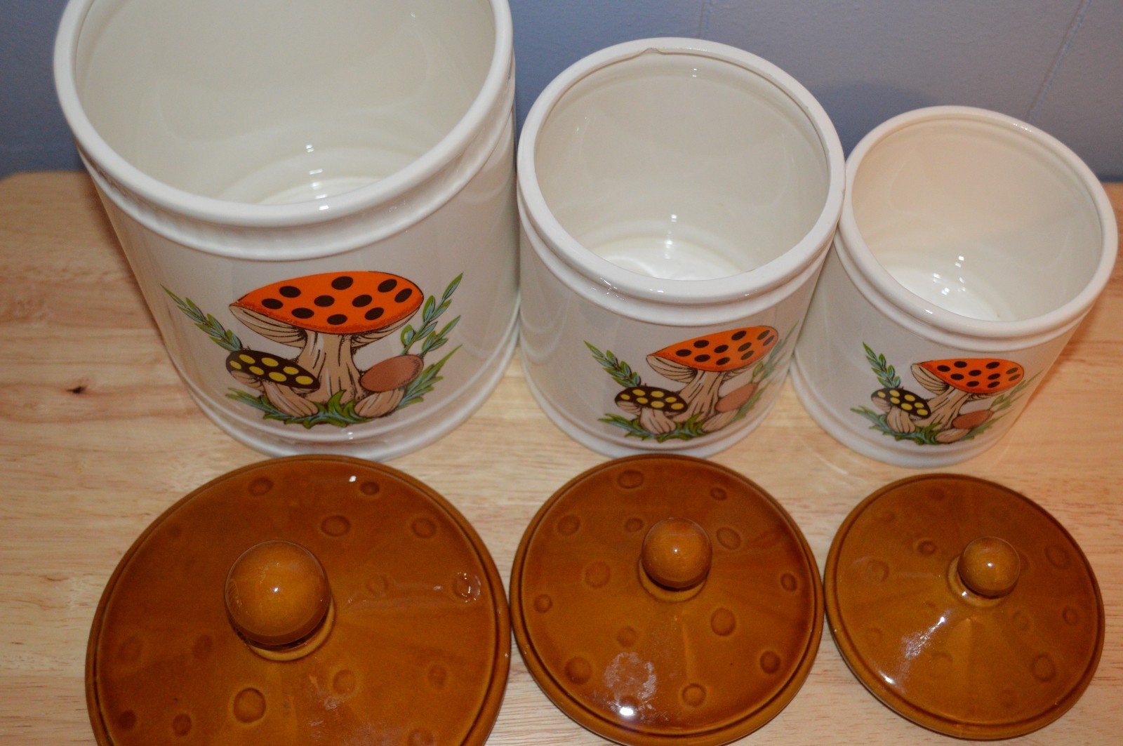 3 Merry Mushroom Sears Roebuck 1982 Kitchen Canister Set Lot Ceramic Retro 1982