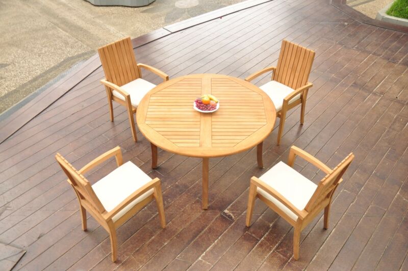 5-piece Outdoor Teak Dining Set: 52" Round Table, 4 Stacking Arm Chairs Goa
