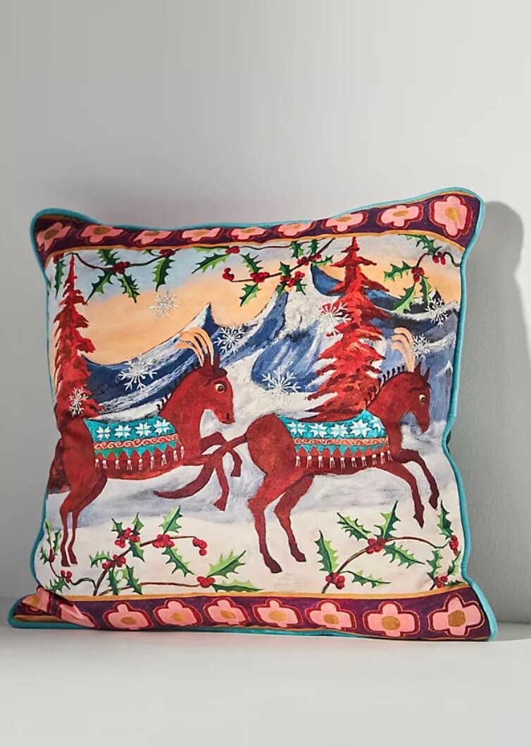 Вышитая бархатная подушка Anthropologie Raphael Balme с вышивкой Праздничный праздник 18x18 НОВИНКА