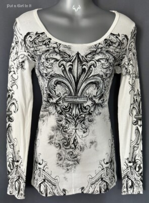 New VOCAL Womens CRYSTAL OFF WHITE BLACK FLEUR DE LIS FLORAL BLING SHIRT M L USA