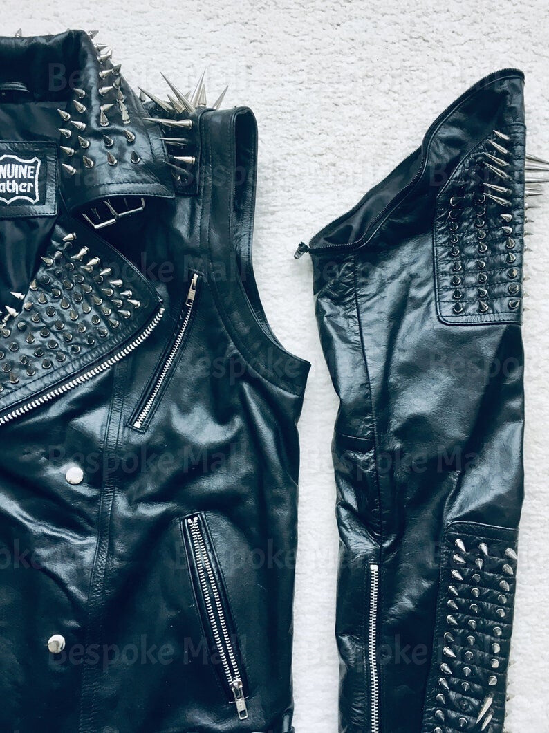 Pre-owned Handmade Men's Spiked Studded Leather Jacket & Vest Two In One Removable Sleeves-787 In Black