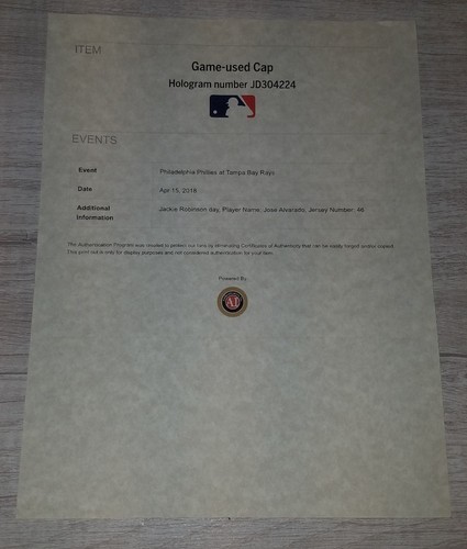 Jose Alvarado GAME USED Tampa Rays MLB Jackie Robinson Day Hat 4/15/18 New Era