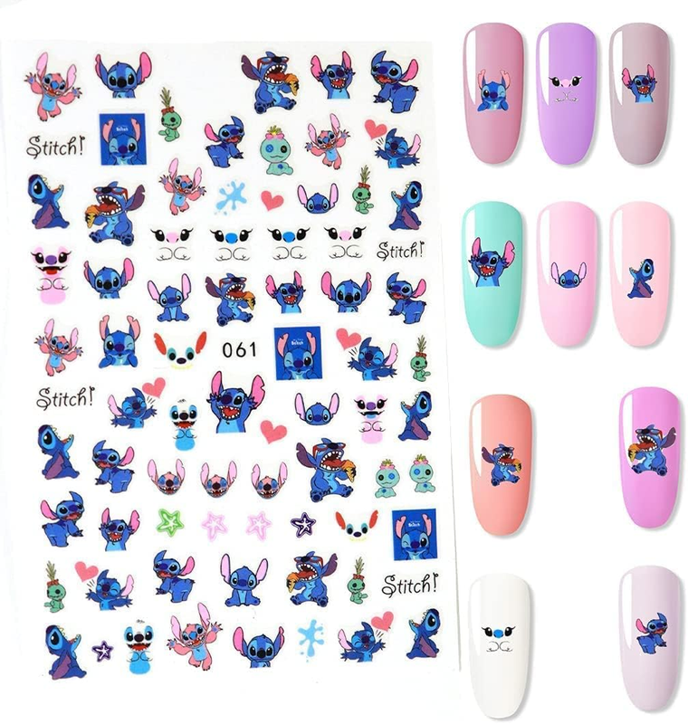2 Pack 3D Stitch Nail Stickers Cute Kawaii Cartoon Nail Stikers Self-Adhesive Na