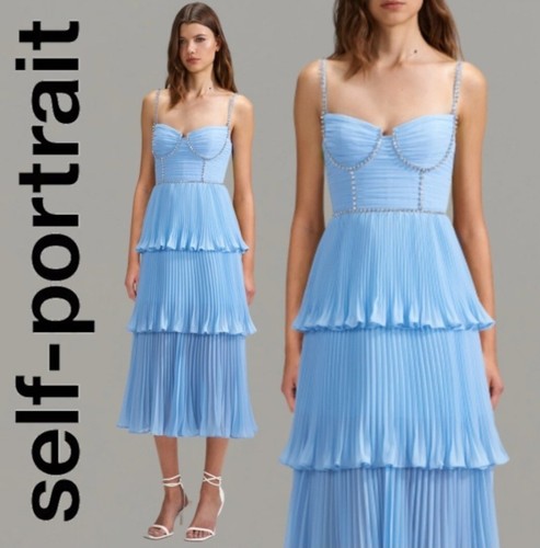 Pre-owned Self-portrait Authentic Guaranteed  Blue Chiffon Tiered Us0,8,10,12 Large