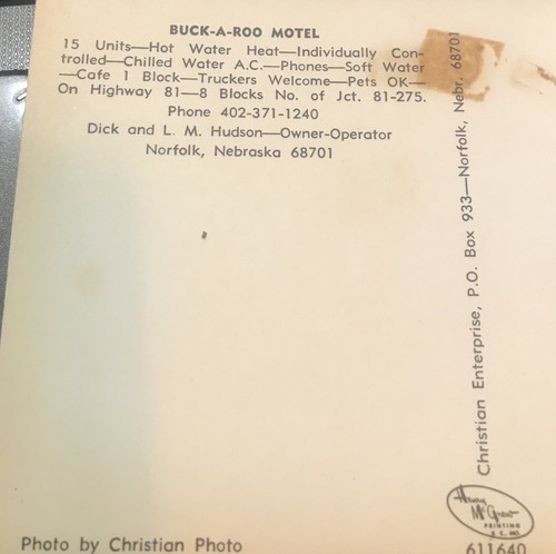 Norfolk Nebraska BUCK-A-ROO Motel Postcard Old Vintage 1960'S