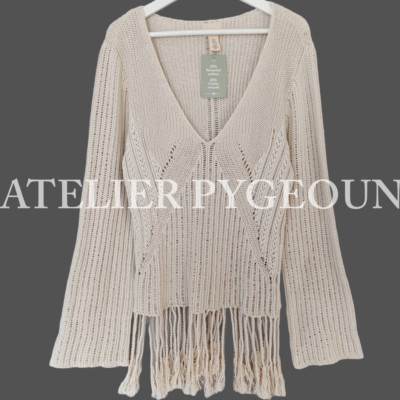 NWT H&M Edition $69.99 Cotton Oversized Fringe-Hem Deep V-Neck Sweater Beige XS