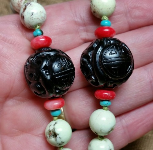 Vintage Chinese Carved Genuine Green Turquoise Coral Black Shou Bead Necklace