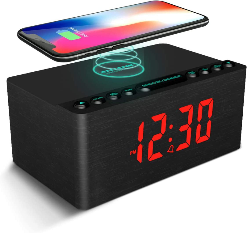 Wooden Digital Alarm Clock FM Radio,Fast Wireless Charger Station for Iphone/Sam