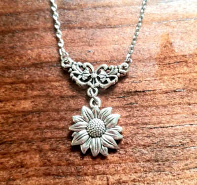 Silver Sunflower Necklace Sunflower Pendant Necklace Womens Sunflower Jewelry