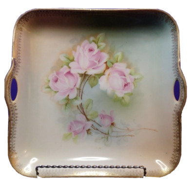 Bavarian Germany Hand painted Pink Roses Plate with Handles & Gold Trim Signed