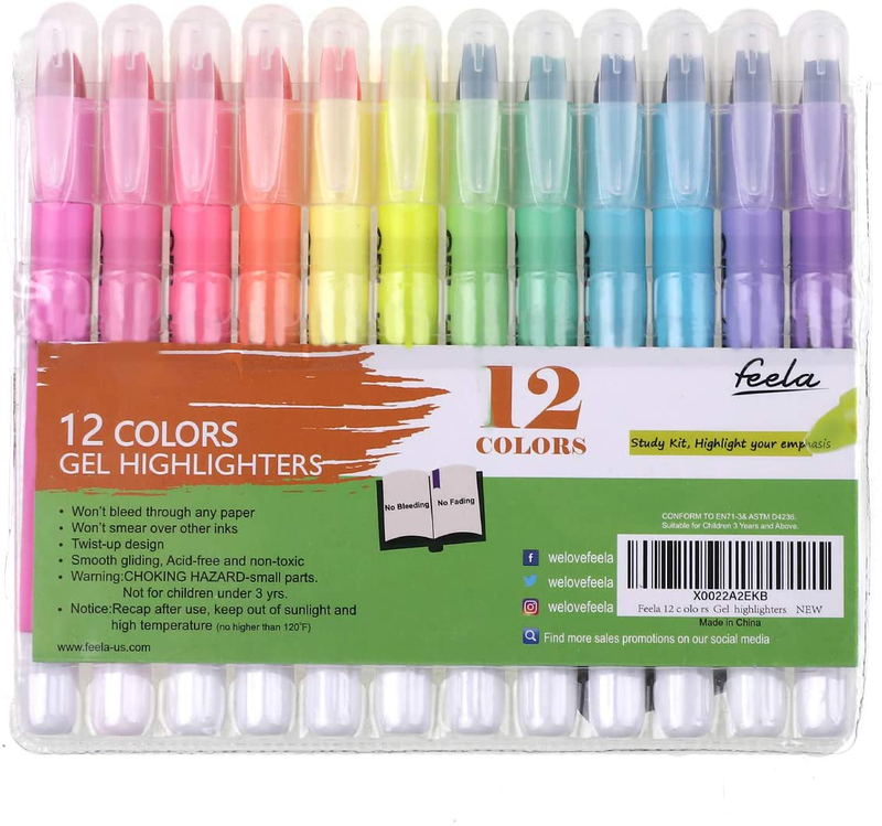 Feela 12 Colors Gel Highlighters, Gel Highlighter Markers Study Kit, Good For Hi