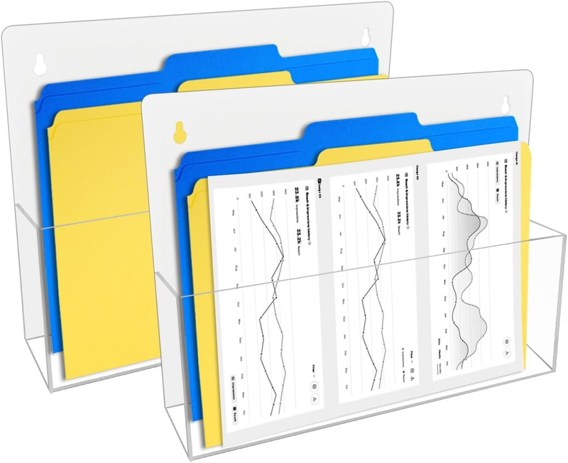 2 Pack Clear Acrylic File Holder Wall Mount Self Adhesive, Legal Size Hanging Paper Organizer, Wall Pocket File Holder Storage for Letter Folder Brochure Magazine Bookshelf Literature Display