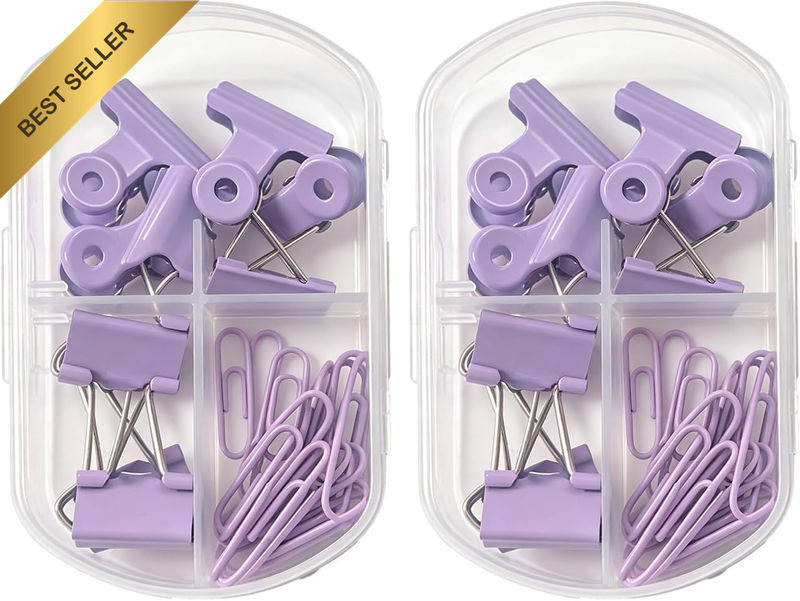 3-In-1 Pastel Purple Office Paper & Binder Clips Set, Aesthetic Stationery