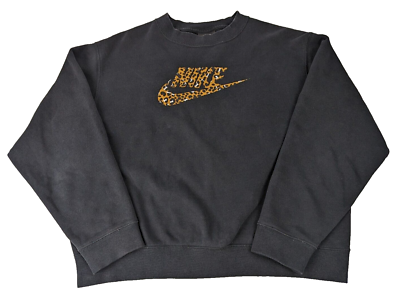 Nike Womens Cropped Black Crew Neck Jumper Sweater Leopard Print Logo Size XS