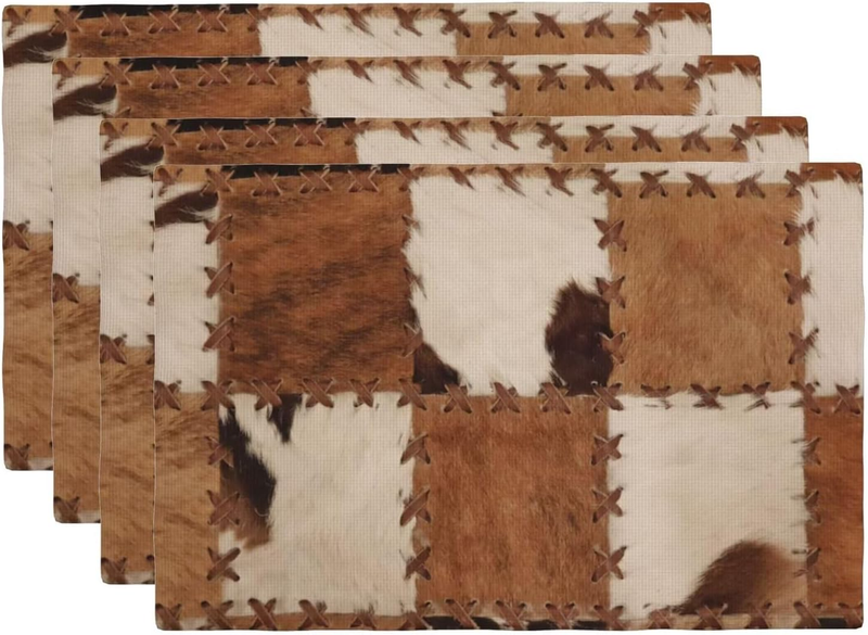 Cowhide Placemats Set of 4 Patchwork Cow Fur Print Linen Washable Placemat Kitch