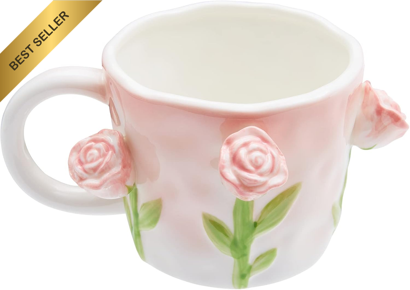3D Flower Coffee Mug Pink Rose Ceramic Cup,12 Oz Cute Handmade Mugs,Christmas Bi