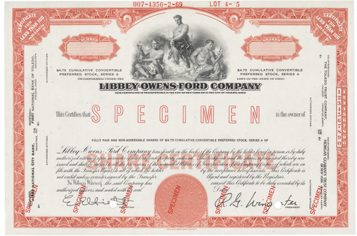 Libbey Owens Ford Company. Stock Certificate.