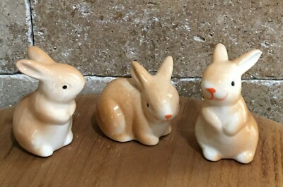 SET OF 3 MINI CERAMIC 2'' BROWN BUNNY RABBITS EASTER DECOR DOLLHOUSE VILLAGE