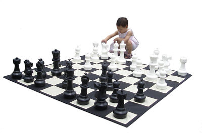 Giant 12'' Tall King Black and White Set of Outdoor Chess Men Pieces With Board