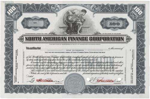 Northern American Finance Corporation. Stock Certificate.