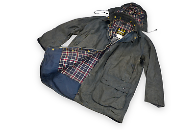 Men s Barbour Border Vintage Wax Jacket Hood Navy Blue England