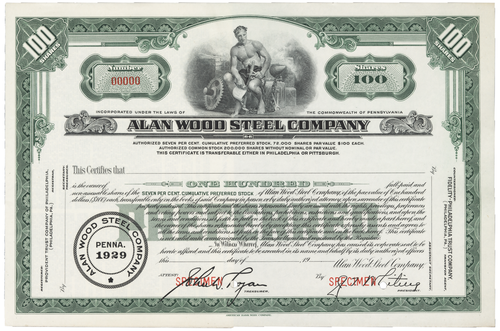Alan Wood Steel Company. Stock Certificate.