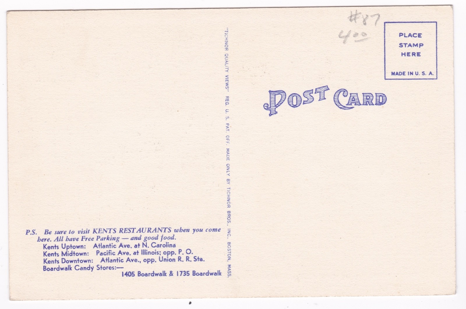 Postcard Kents Midtown Restaurant Atlantic City Pacific Avenue A5