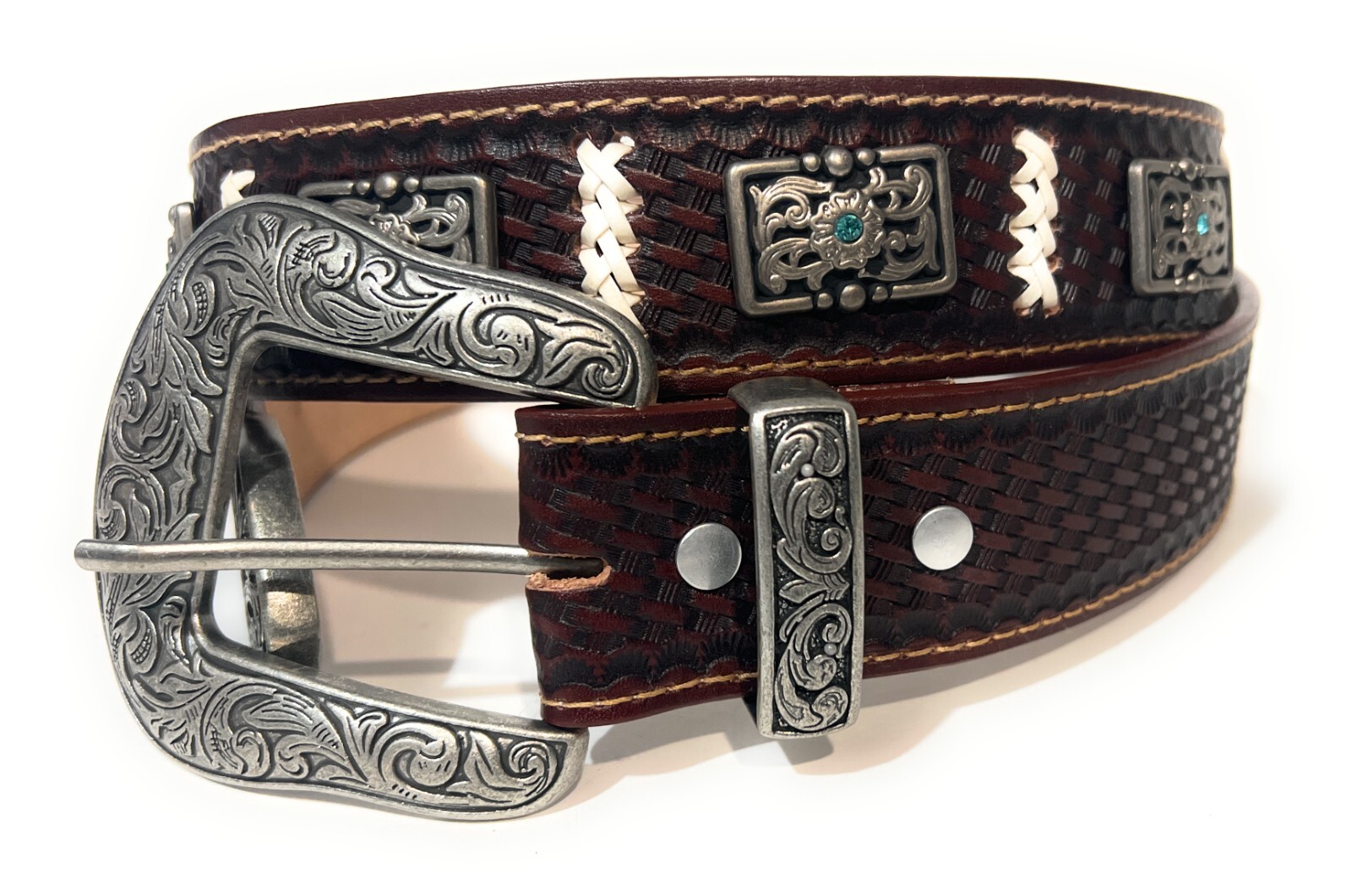 MEN'S BROWN WESTERN LEATHER BELT CONCHO RHINESTONE COWBOY BELT, CINTO VAQUERO