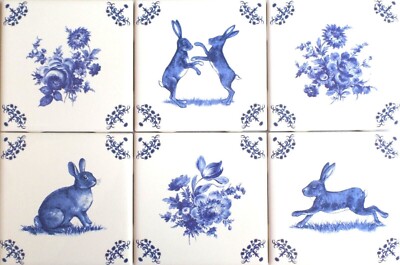 Blue Delft Flowers and Bunnies set of 6 Kiln Fired Tiles 4.25'' x 4.25''