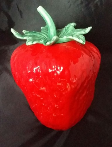 Strawberry Cookie Treat Jar 10 1/2 Tall Ceramic Red Fruit Large Vintage Bright
