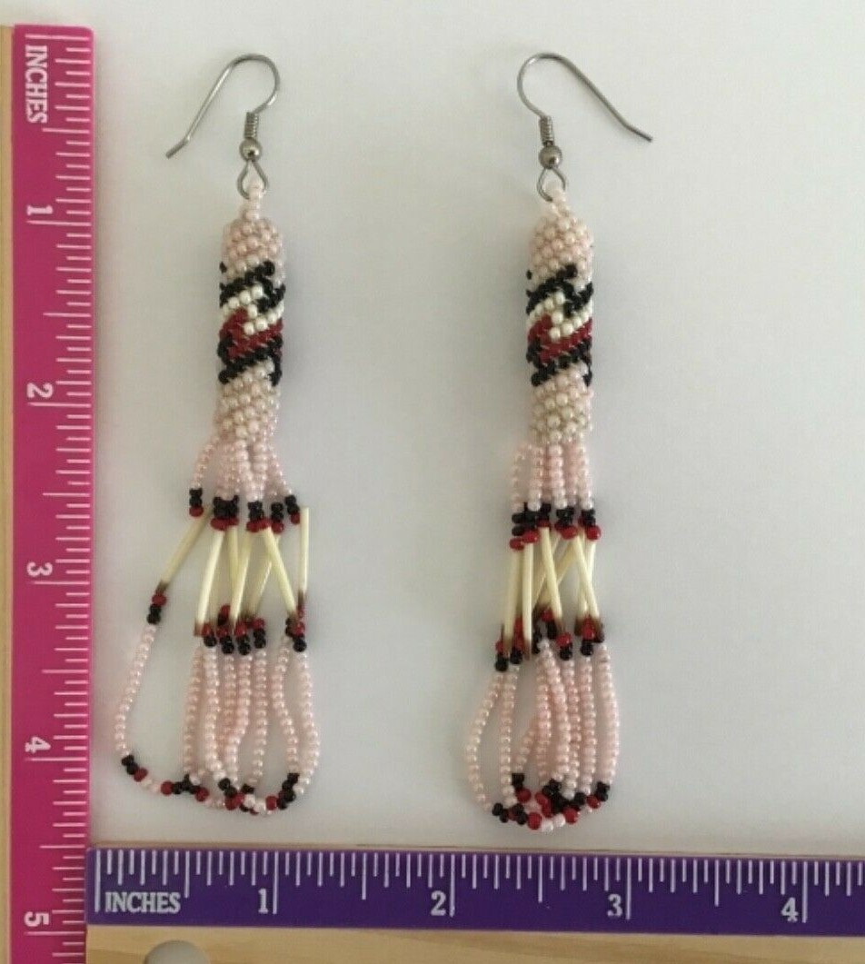 Vintage Pink White Red Black Seed Bead Porcupine Quill Dangle Pierced Earrings