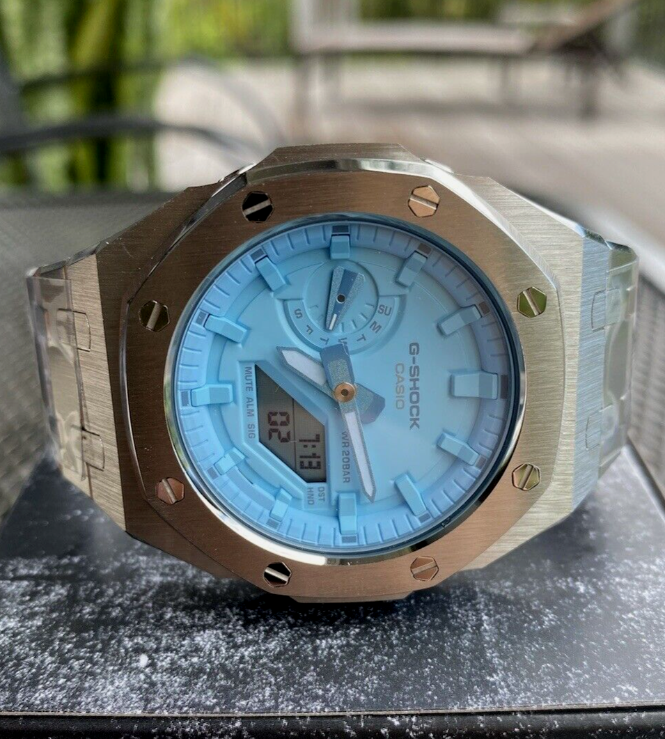 Pre-owned Casio G-shock Ga2100 Custom Mod Silver Band, Light Blue Dial
