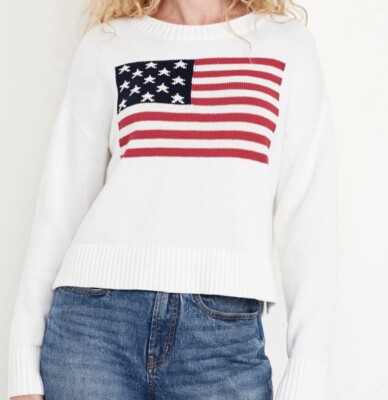 Old Navy White Crewneck USA Flag Crew-Neck Sweater Women s XL   X-Large