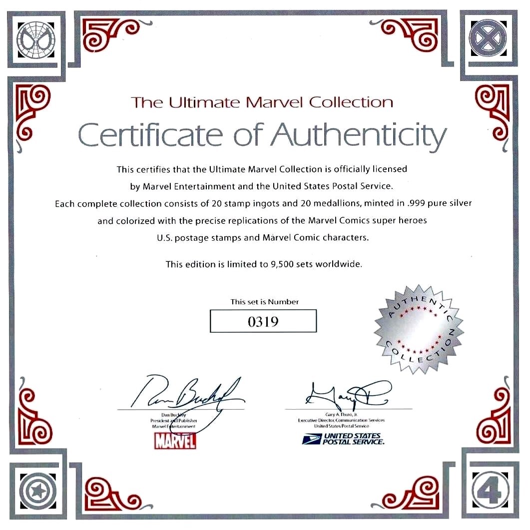 ULTIMATE MARVEL COLLECTION COMPLETE SET OF 40 .999 FINE SILVER INGOTS WITH  COA