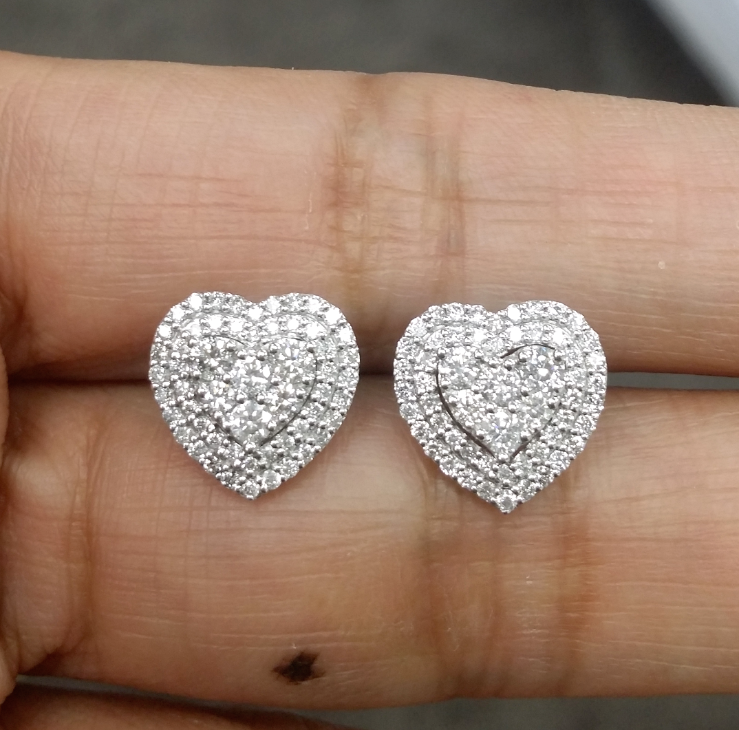 Pre-owned Handmade Deal 1.00ct Genuine Diamond Cluster Heart Studs Earrings 14k White Gold 10mm