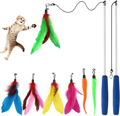 Cat Feathers Wand, Interactive Cat Kitten 2 Retractable Cat Wand T