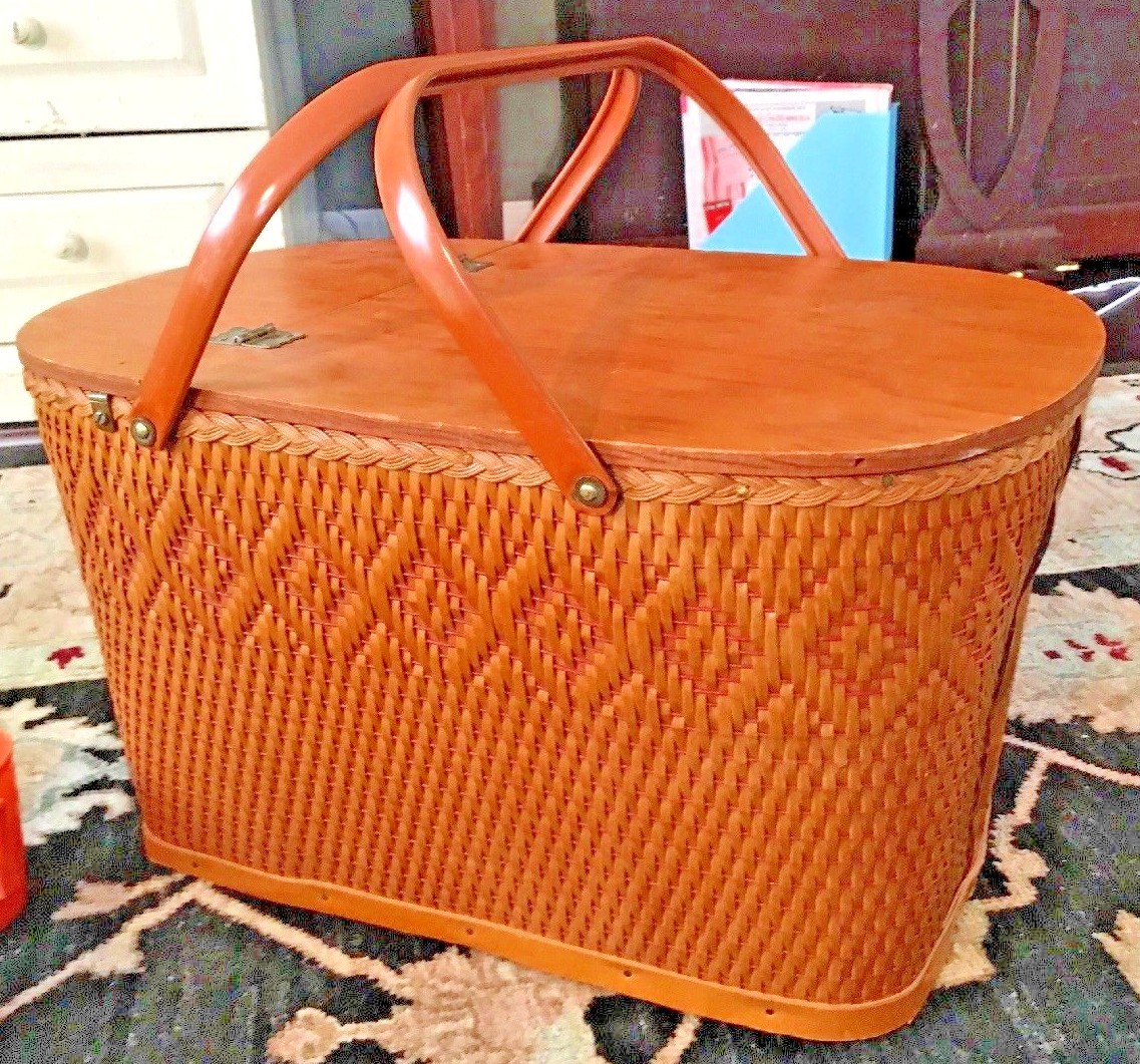 Vintage Redmon Large Wicker Wood Woven Picnic Basket Peru Indiana MCM Serveware