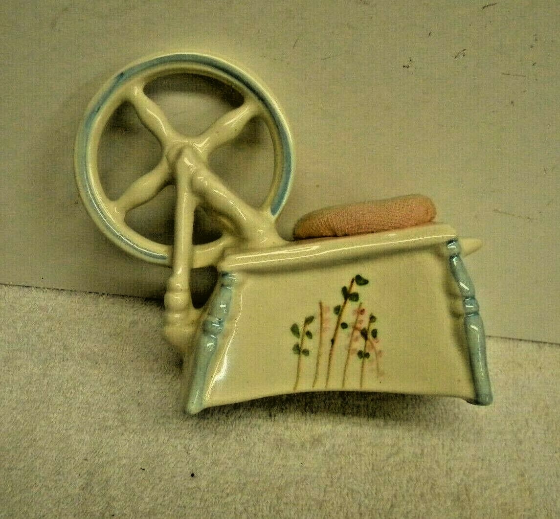 Vintage SPINNING WHEEL Ceramic PIN CUSHION