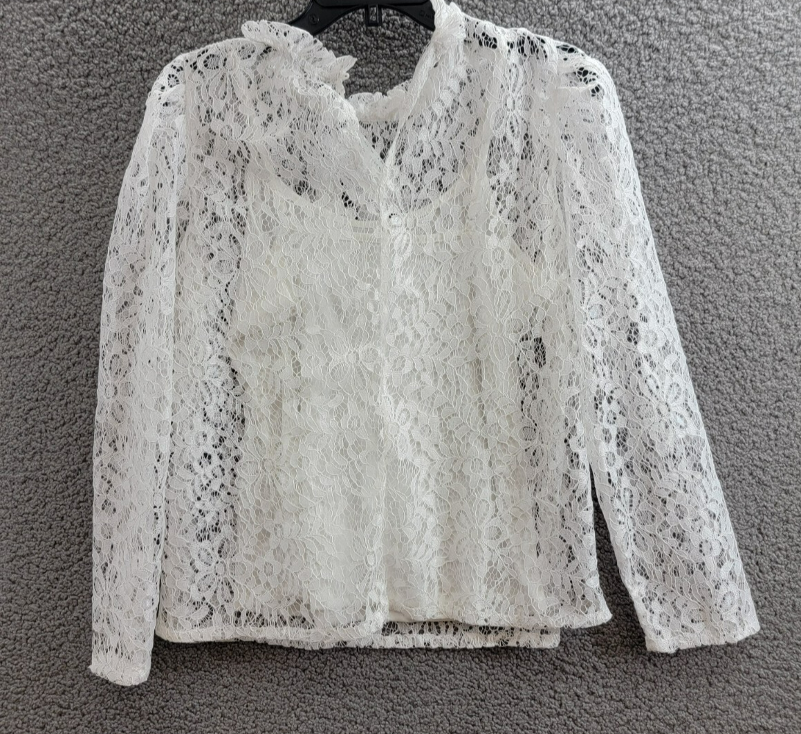 KOKO + MASON Long Sleeve Lace Top Women's S White Ruffled Button Back Closure - Picture 10 of 15